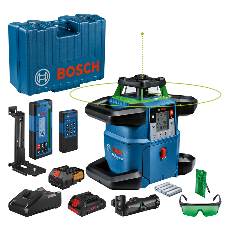 Bosch E-STOCK GRL 650 CHVG in carrying case with 1 x 4.0 Ah ProCORE18V Li-ion battery laser receiver E-STOCK 0601061V70