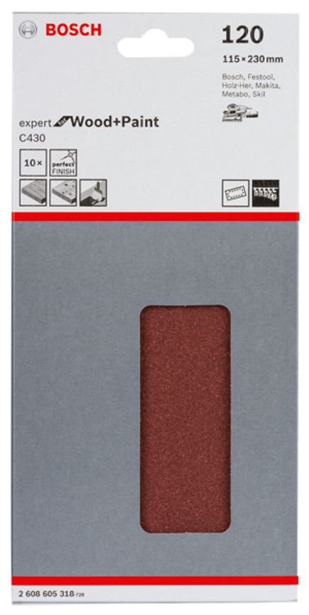 Bosch C430 sanding sheet 115 x 230 mm. 120G pack of 10 2608605318