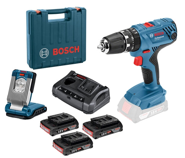 Bosch GSB 18 V 21 Cordless Combi Drill 3 x 2.0 Ah + GAX 18V 30 + GLI VarliLED Torch in Carry Case 06019H1B32L