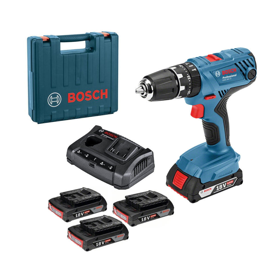 Bosch GSB 18 V 21 Cordless Combi Drill 3 x 2.0 Ah + GAX 18V 30 in Carry Case 06019H1B32