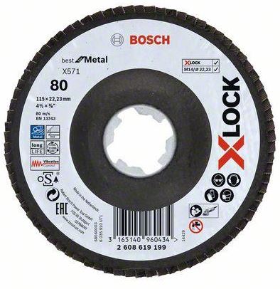 Bosch X-LOCK Angled Flap disc, fibre plate, Ø115mm, G80, X571, Best for Metal 1PCE 2608619199