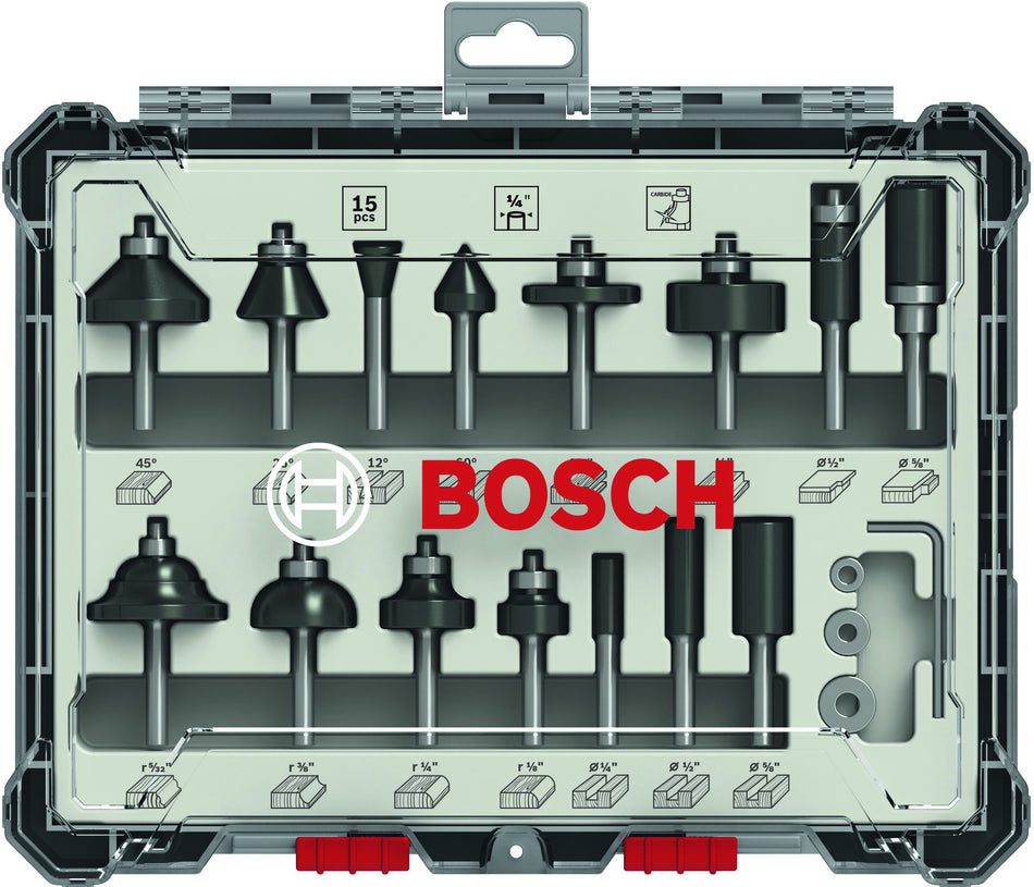 Bosch Router Bit Set 15 pcs Mixed 1-4 shank 2607017473
