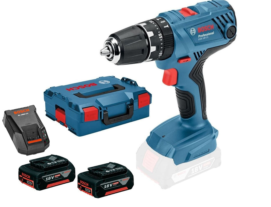 Bosch GSB 18 V 21 Professional Cordless Combi Drill 2 x 5.0Ah + AL 1860 CV in L Boxx 06019H1225