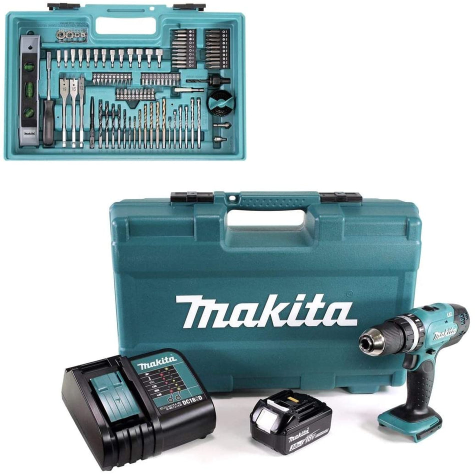 Makita DHP453FX12 18V LXT Combi Drill. 1x 3.0Ah. 101PCE Set & Carry Case