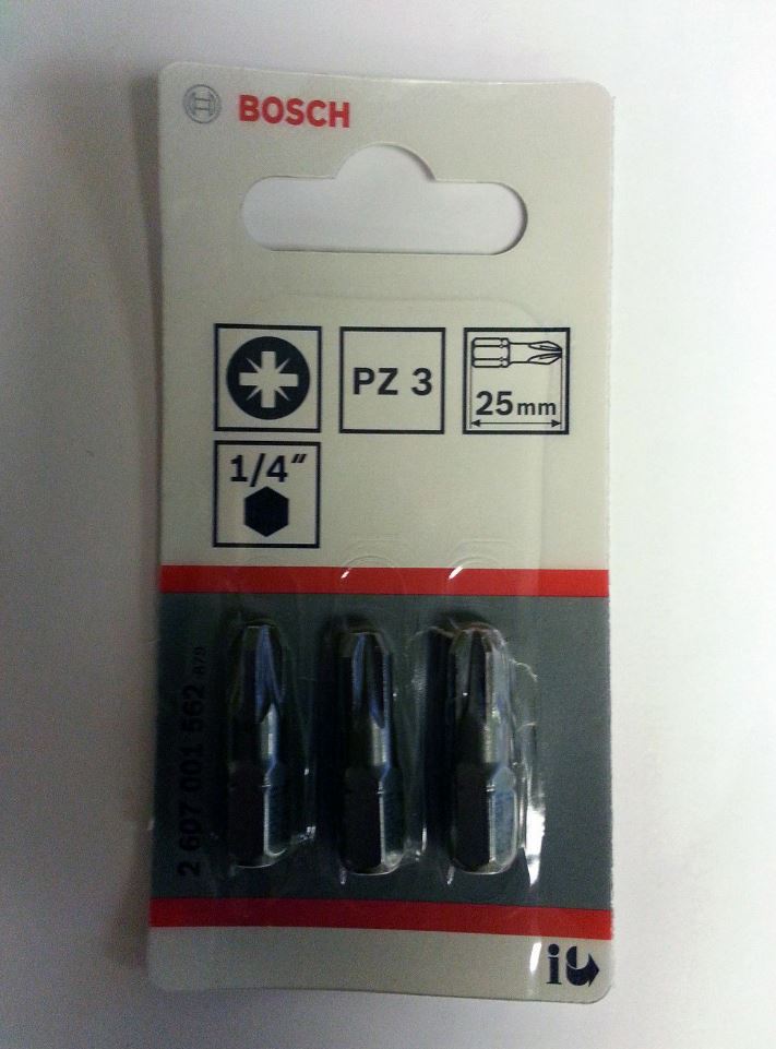 Bosch 2607001562 Screwdriver Bits Pozidriv Extra Hard PZ3 25mm (3 Pack)