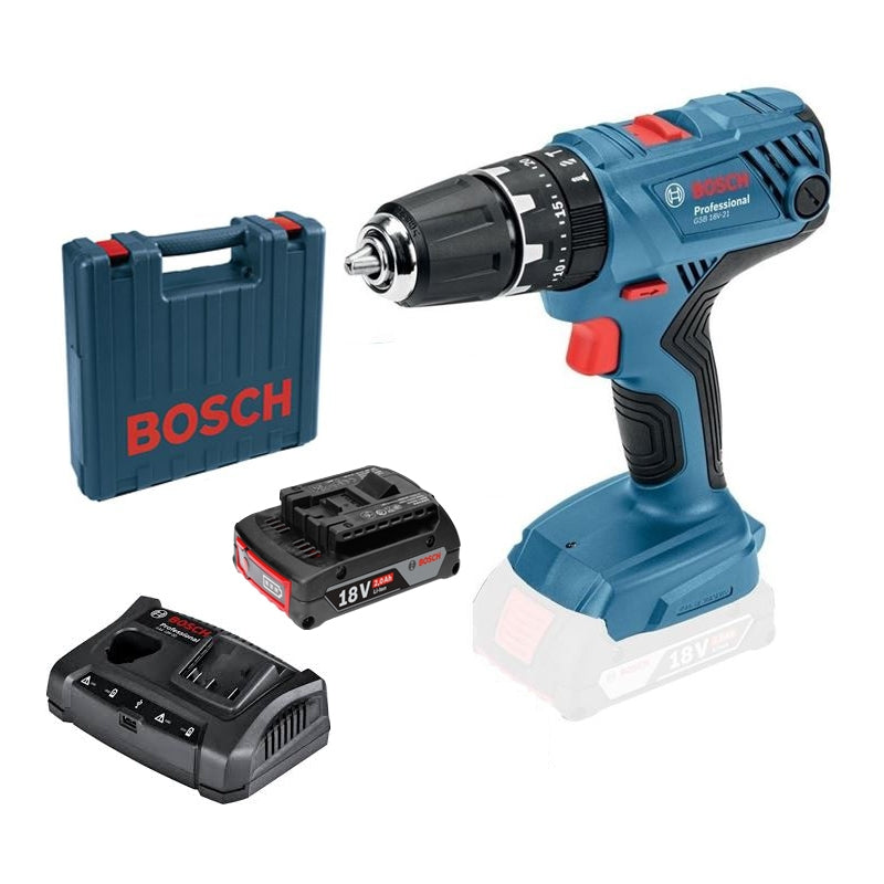 Bosch GSB 18 V 21 Cordless Combi Drill 1 x 2.0 Ah + GAX 18V 30 in Carry Case 06019H1B12