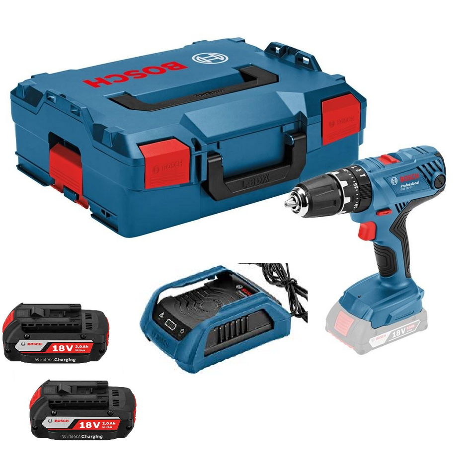 Bosch GSB 18 V 21 Wireless Combi Drill 2 x 2.0 Ah + GAL 1830 in L BOXX 06019H12W2